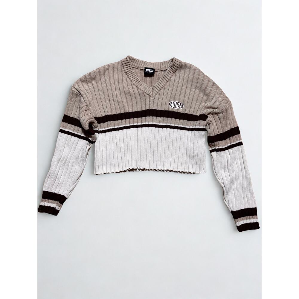 Minga London Brown Beige Striped Knit V Neck Sweater